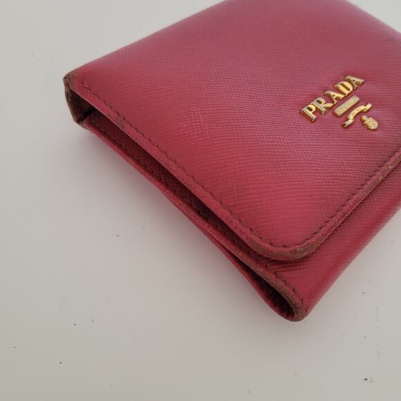 PRADA Authentic Leather Logo Wallet Pink Saffiano Trifold Compact Card Bill - Picture 15 of 16